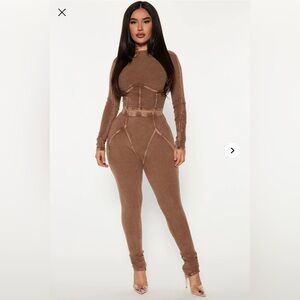 Brown Ribbed Long Sleeve Jumpsuit
